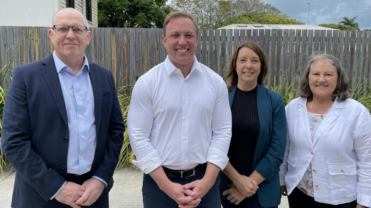 Steven Miles (second from left), standing with Bauke Hovinga (left) Belinda Hassan (second from right) and Labor Mirani candidate Susan Teder, promised a planning study into a potential solution to congestion on the Mackay-Bucasia Rd. Photo: Fergus Gregg