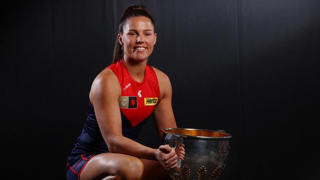 MELBOURNE, AUSTRALIA - August 21, 2023. AFLW Captains Day at Marvel Stadium.  Melbourne skipper Kate Hore .  Photo by Michael Klein.