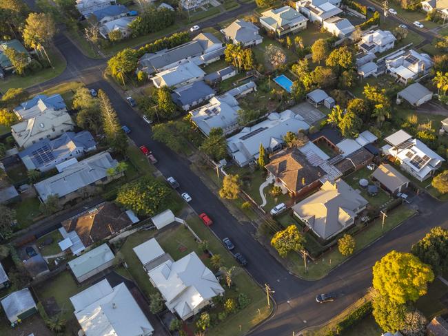 Suburban Sunset Aerial View; Australian housing overhead generic