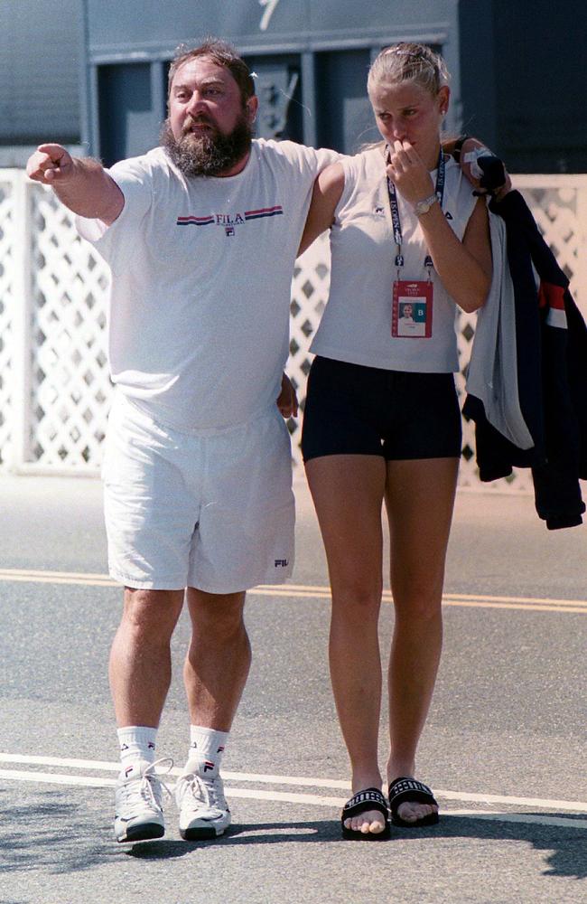 Jelena Dokic with her father Damir after he got into a dispute with officials during the US Open at Flushing Meadows in New York. Picture: Charles Fowler.