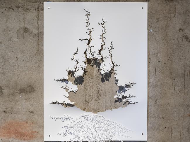 Elysha Rei, Yohaku no bi (the beauty of empty space) (detail), 2024, Hand cut polymer paper installation, Dimensions variable, In situ at The Condensery Bomb Shelter. Photograph: Louis Lim, 2024, courtesy of the artist.