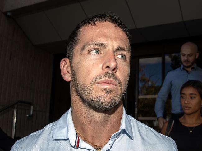 27-02-2024 - Former NT police officer Zachary Rolfe leaves Alice Springs court after day two of him giving evidence at the inquest into the death of Kumanjayi Walker. Picture: Liam Mendes / The Australian