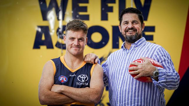 Adelaide draftee James Rowe with his proud dad, former Crow Stephen Rowe. Picture: Mike Burton.