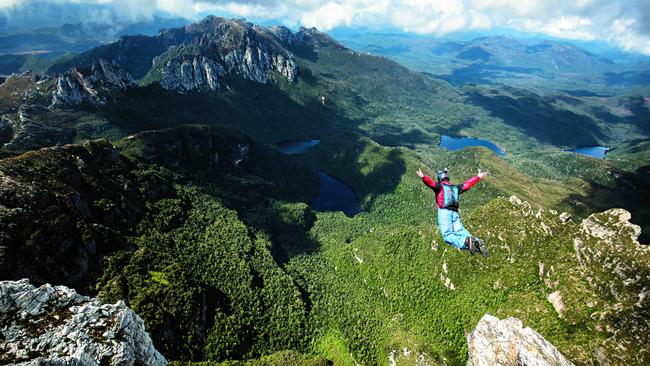 Base jumper Pete Wyllie at Frenchmans Cap, Tasmania. Picture: Kamil Sustiak