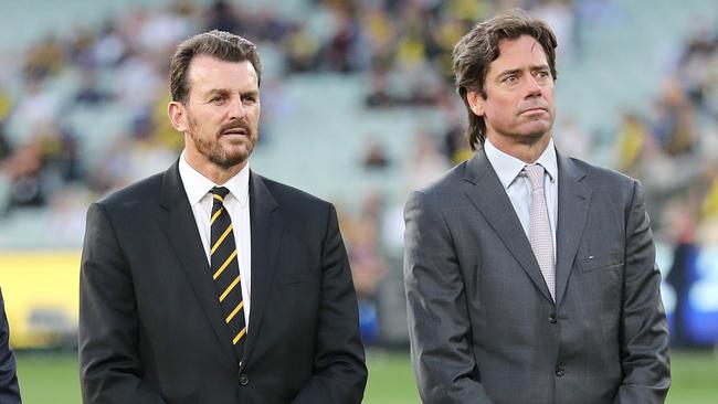 Richmond chief executive Brendon Gale (left) is a leading candidate to replace outgoing Gillon McLachlan at the head of the AFL. Picture: Michael Klein