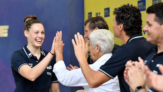 Minna Atherton (left) celebrates her Australian selection. (AAP Image/Darren England)