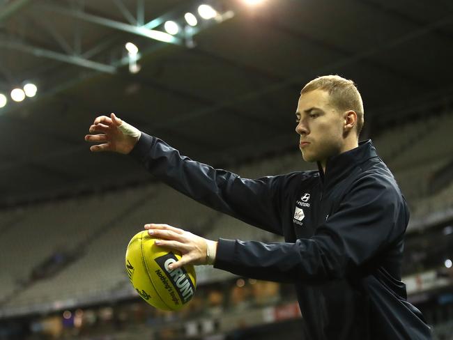 Carlton’s Harry McKay warms up before Thursday night’s game at Marvel Stadium.