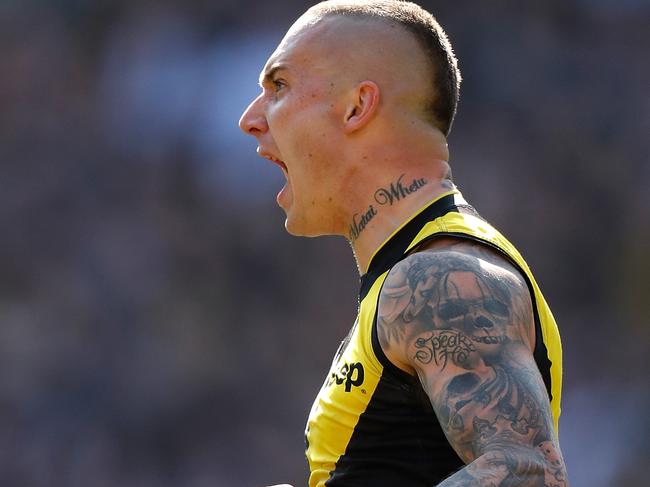 MELBOURNE, AUSTRALIA - SEPTEMBER 28: Dustin Martin of the Tigers celebrates a goal during the 2019 Toyota AFL Grand Final match between the Richmond Tigers and the GWS Giants at the Melbourne Cricket Ground on September 28, 2019 in Melbourne, Australia. (Photo by Michael Willson/AFL Photos via Getty Images)