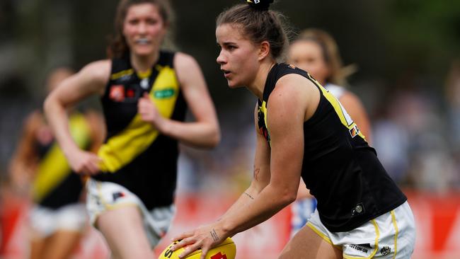 Ellie McKenzie was outstanding for the Tigers at Arden Street Oval. Picture: Dylan Burns/AFL Photos via Getty Images