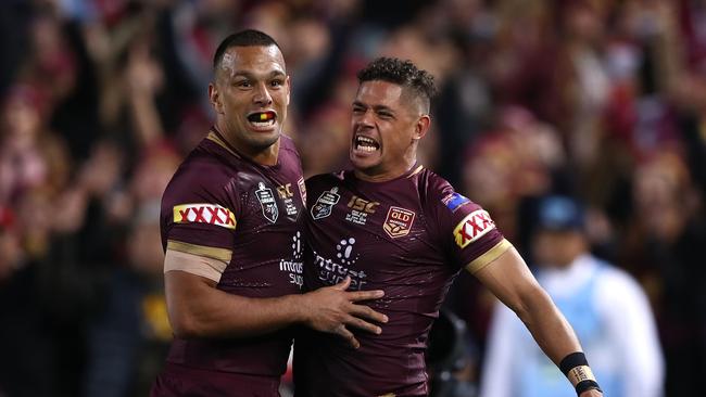 SYDNEY, NEW SOUTH WALES — JUNE 24: Dane Gagai (R) of the Maroons celebrates scoring a try during game two of the State of Origin series between the New South Wales Blues and the Queensland Maroons at ANZ Stadium on June 24, 2018 in Sydney, Australia. (Photo by Mark Kolbe/Getty Images)