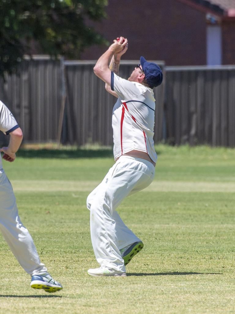 Lachlan Gersch takes a catch for Met Easts to dismiss Rohan McDonald. Western Districts vs Met Easts, reserve grade cricket. Saturday, November 26, 2022. Picture: Nev Madsen.