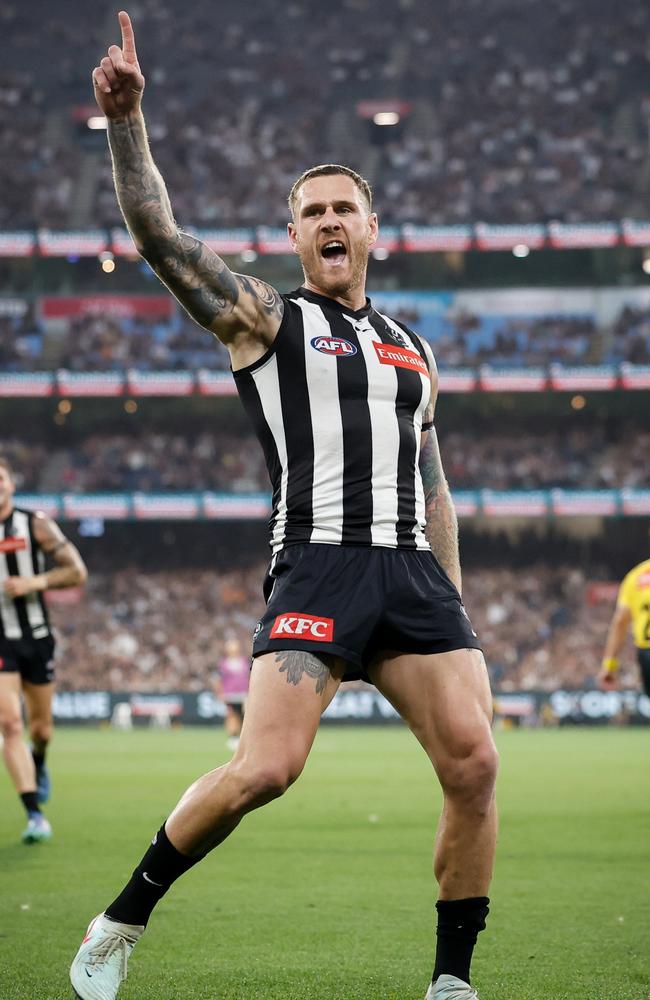 Tim Membrey celebrates kicking a goal against the Power. Picture: Dylan Burns/AFL Photos via Getty Images.