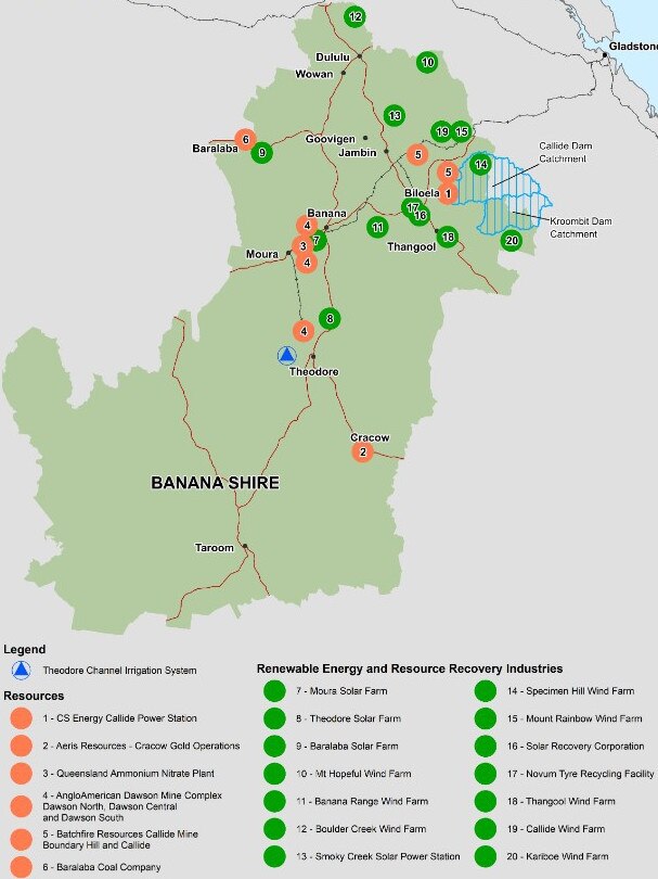 A map of energy projects around the Banana Shire Council area. Photo: Banana Shire Council