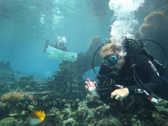 Sea World divers joined the Environmental Divers on a mock clean-up at Shark BayÕs Tropical Reef Pool in preparation for their big clean up. Picture Glenn Hampson