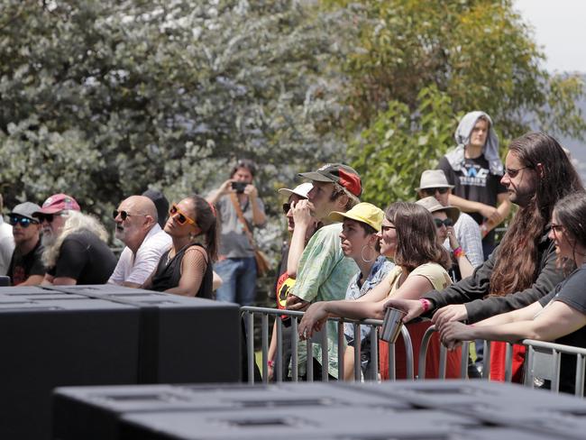 Revellers watch indigenous band from the Northern Territory, Black Rock Band on the main stage for Mona Foma. Picture: PATRICK GEE