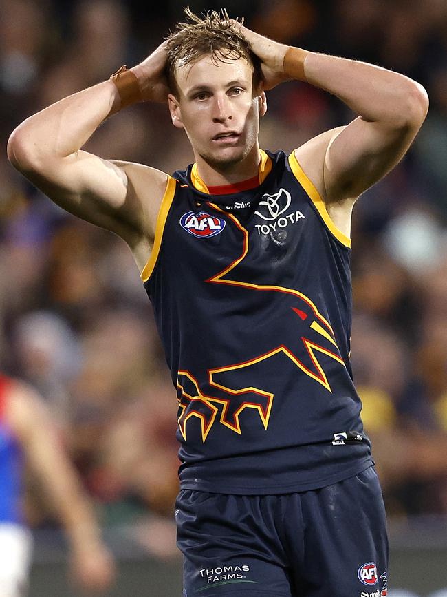 Adelaide's captain Jordan Dawson after missing a goal during the AFL Gather Round match between the Crows and Demons at the Adelaide Oval on April 4. Picture: Phil Hillyard