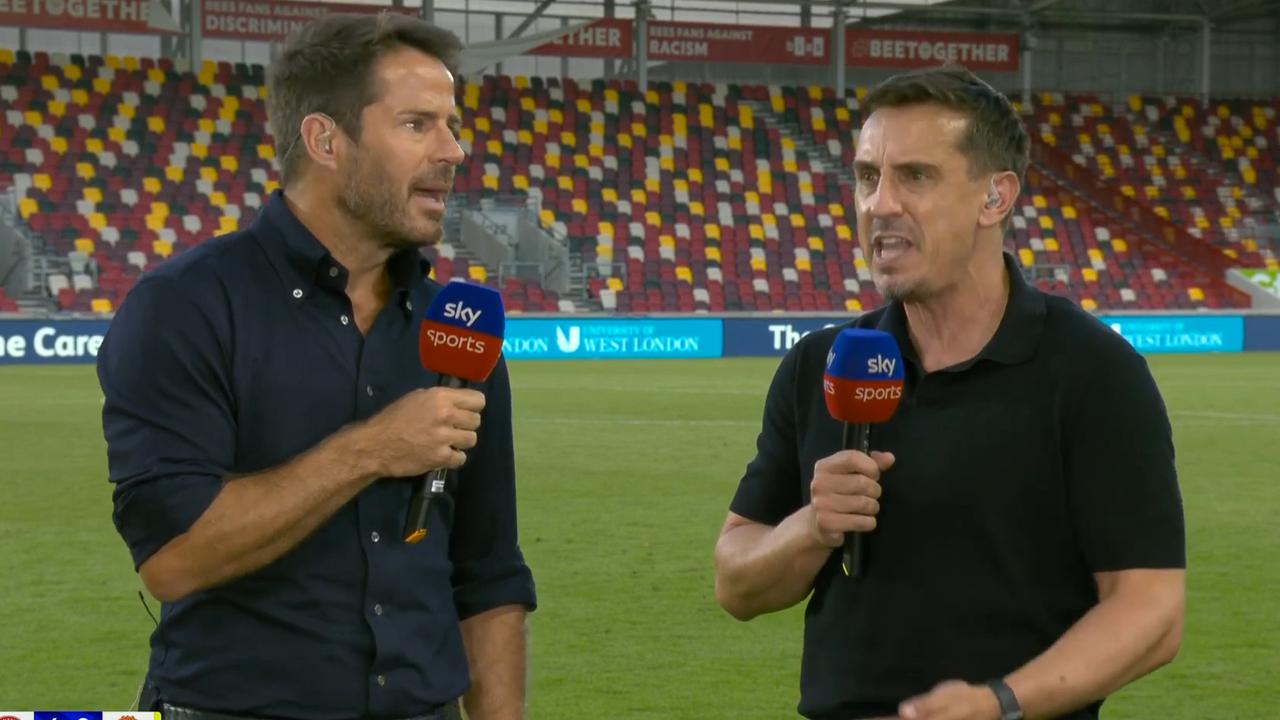 Jamie Carragher and Gary Neville were locked in a heated exchange for Sky Sports. Picture: Supplied