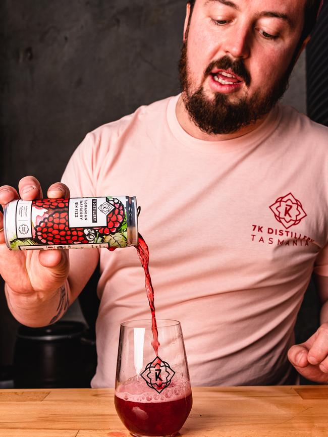 Alexander Chaplin of 7K distillery pours some Tasmanian Raspberry Gin Fizz. Picture: Linda Higginson