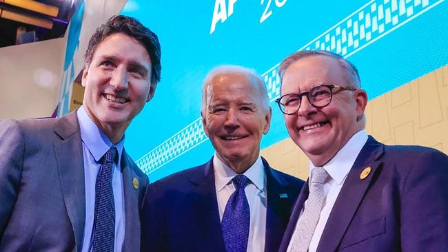 Trudeau with Joe Biden and Anthony Albanese at APEC in November. Picture: AFP