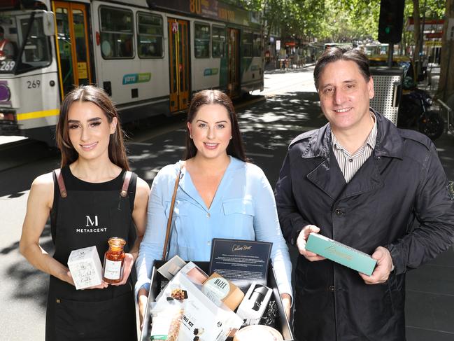 Halle O’Bryan from MetaScent, Sofie Gillard from Botanica Wellness Spa and Clinic, Yuri Angele from Brunetti hope to get people back to the Collins Street precinct. Picture: David Crosling