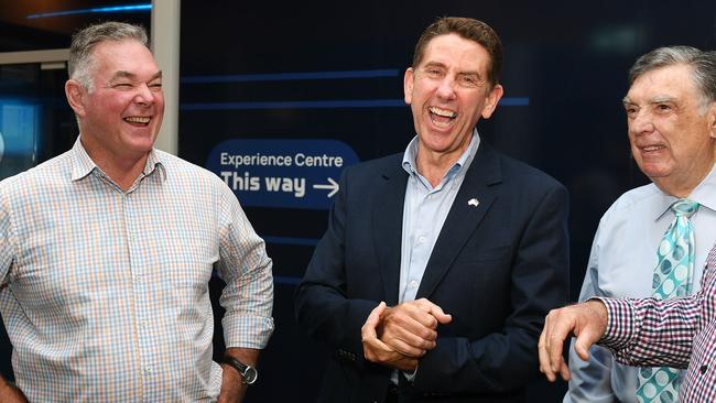 Former Minister for Resources and Critical Minerals Scott Stewart with then-Deputy Premier and Treasurer Cameron Dick and CopperString's Tony McGrady at the official opening of the CopperString Experience Centre. Picture: Shae Beplate.