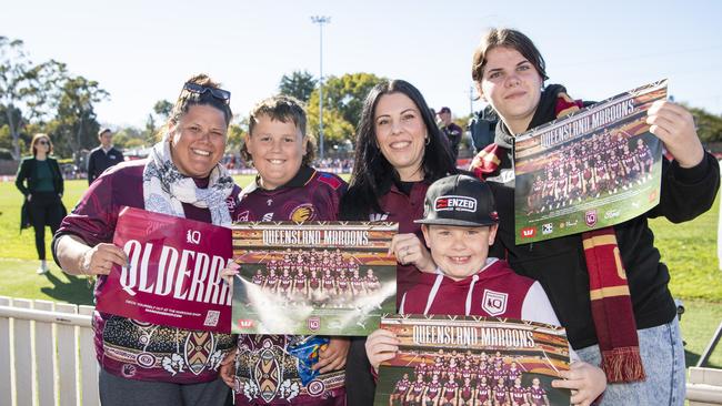 At the Queensland Maroons fan day are (from left) Kristy Everson, Wyatt Everson, Lisa Schelberg, Jett Schelberg and Paige Taylor at Toowoomba Sports Ground, Tuesday, June 18, 2024. Picture: Kevin Farmer