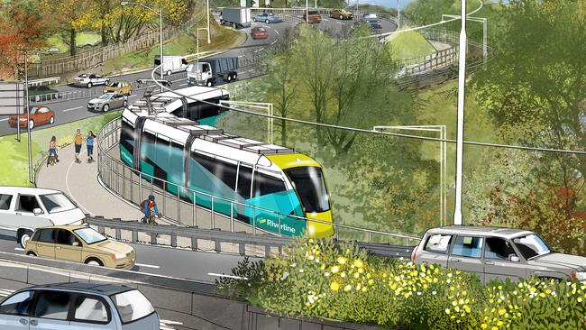 An artist’s impression of the former Labor-Green government’s proposed Riverline light rail service, which would have run from Franklin Square, around the waterfront, and along the old railway line to Moonah, Glenorchy, and the Museum of Old and New Art.