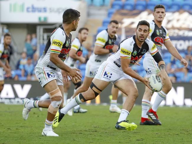 Tyrone May of the Panthers looks to pass the ball during the Round 22 NRL match between the Gold Coast Titans and the Penrith Panthers at Cbus Super Stadium on the Gold Coast, Saturday, August 11, 2018. Picture: AAP Image/Glenn Hunt
