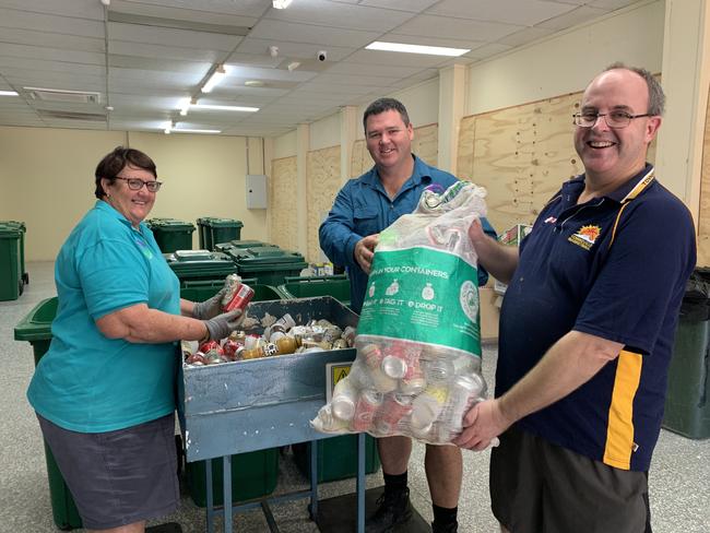 Staff at the Outwest Container Exchange at Longreach, Carolyn Carr (left), Jamie Worland and Michael Lloyd.