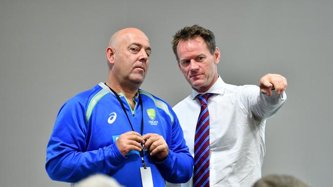 Australian cricket coach Darren Lehmann (left) and Cricket Australia high performance manager Pat Howard.