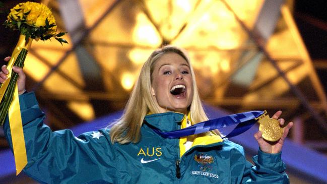 Australian aerial skier Alisa Camplin with her gold medal at the 2002 Salt Lake City Winter Olympic Games.