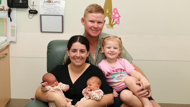 Pre-term identical twins Harper and Ayla Rafter born during the height of the storm last Saturday pictured with mum and dad Chloe and Jordan Rafter and big sister Addalyn. Picture: Shae Beplate.