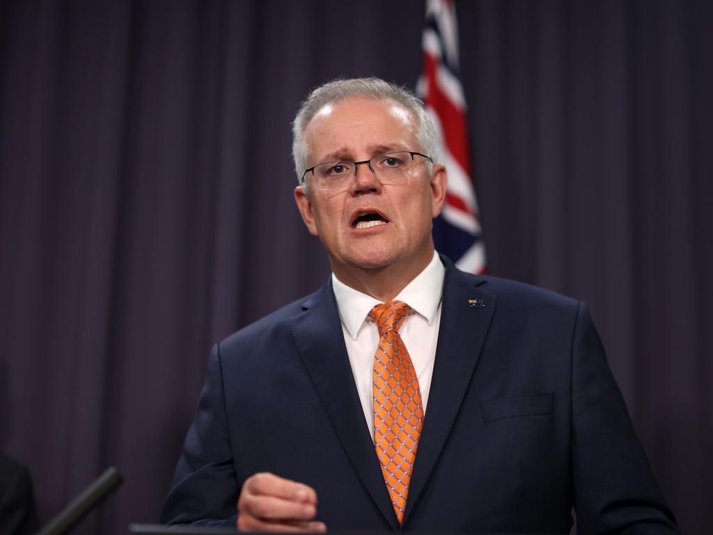 Prime Minister Scott Morrison in his late-night press conference. Picture: NCA NewsWire/Gary Ramage