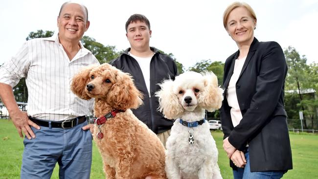 Councillor Vince del Gallego, Cherrybrook resident John Watson and councillor Emma Heyde with Mr Watson’s dogs, Major and Rags in the current Greenway Dog Park at Cherrybrook. Picture: Troy Snook