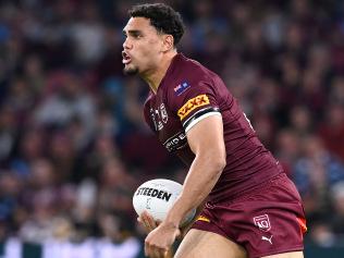 BRISBANE, AUSTRALIA - JUNE 27: Xavier Coates of the Maroons runs the ball during game two of the 2021 State of Origin series between the Queensland Maroons and the New South Wales Blues at Suncorp Stadium on June 27, 2021 in Brisbane, Australia. (Photo by Bradley Kanaris/Getty Images)