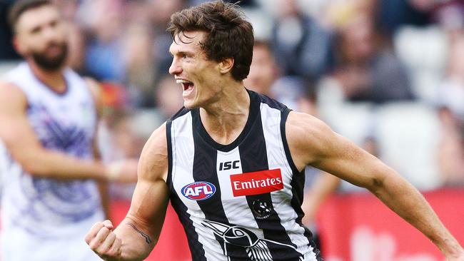 Brody Mihocek celebrates his first goal for the Magpies. Picture: Getty Images