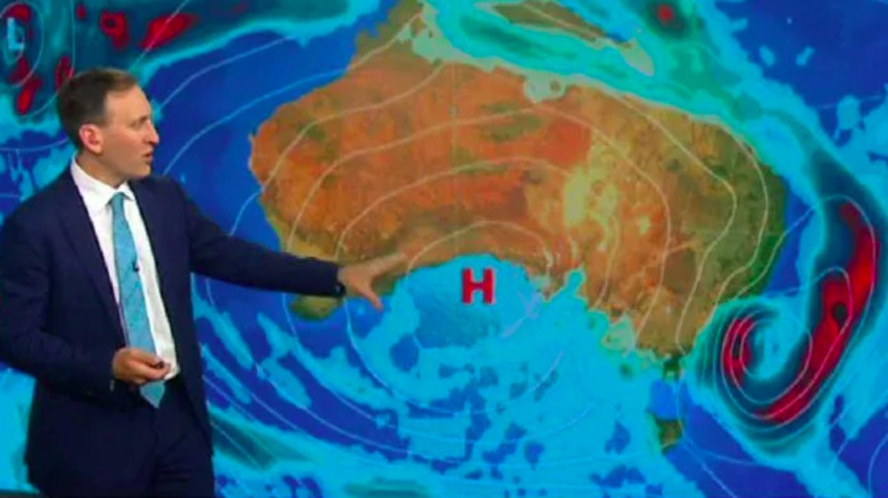 Sky News’ chief meteorologist Tom Saunders shows a cloud band developing over northwest and eastern parts of Australia. Picture: Sky News