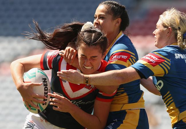 Olivia Kernick of the Roosters is tackled during the round four NRLW match between the Parramatta Eels and the Sydney Roosters (Photo by Ashley Feder/Getty Images)