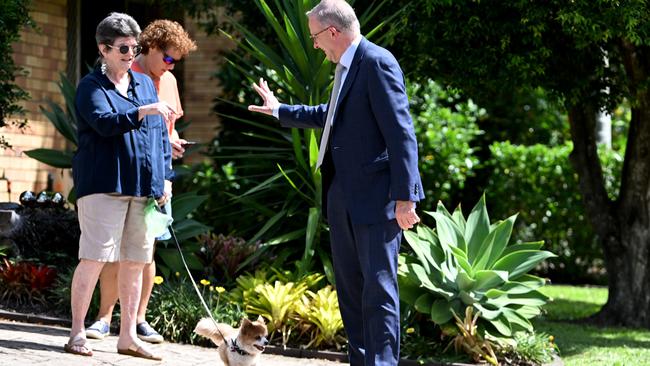 BRISBANE, AUSTRALIA - NewsWire Photos - APRIL 4, 2022.The Leader of the Australian Labor Party, Anthony Albanese chats with aged care resident Maureen Croghan and her dog Archie in Zillmere, in Brisbane's north.Picture: NCA NewsWire / Dan Peled