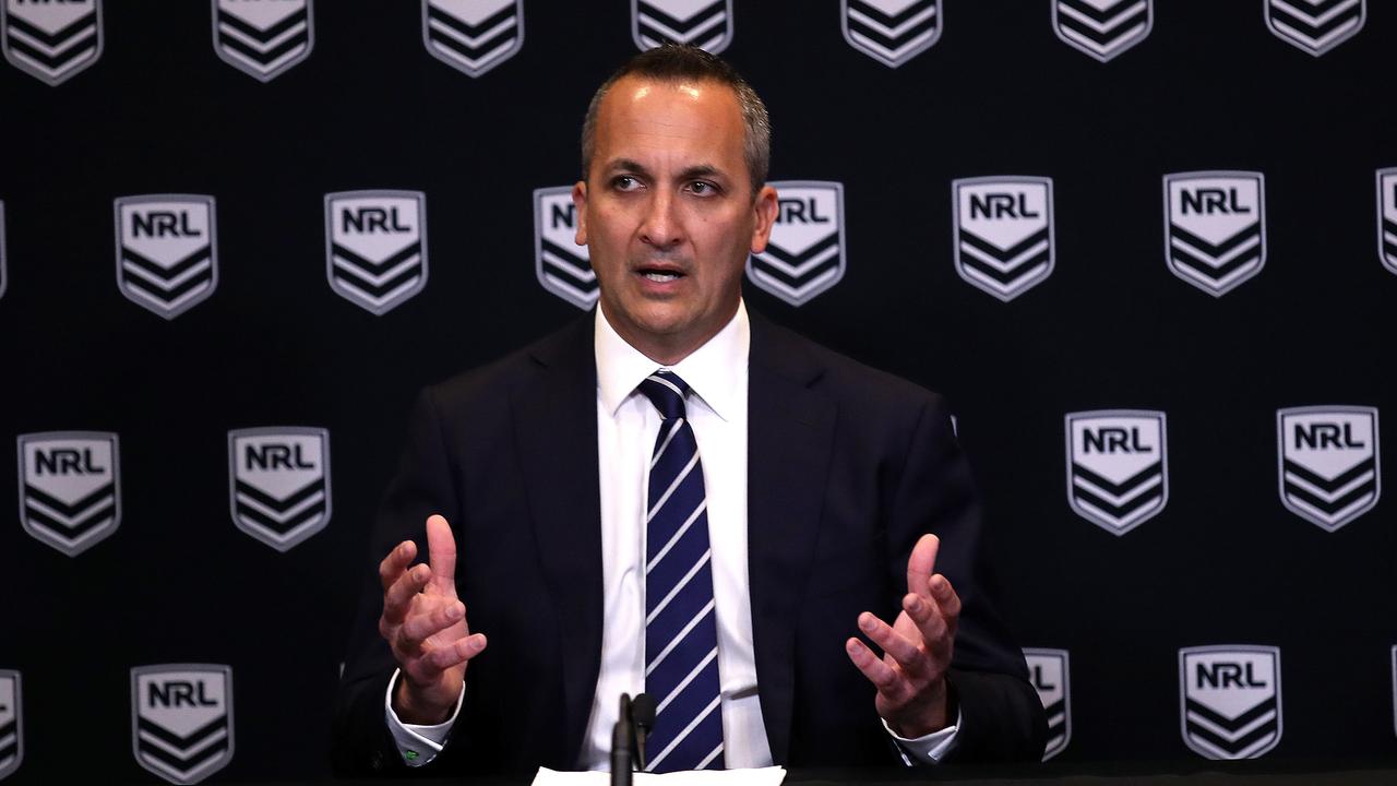 Andrew Abdo today announced as the new CEO of the NRL by ARU Chairman Peter V'landys at League Central in Sydney. Picture. Phil Hillyard