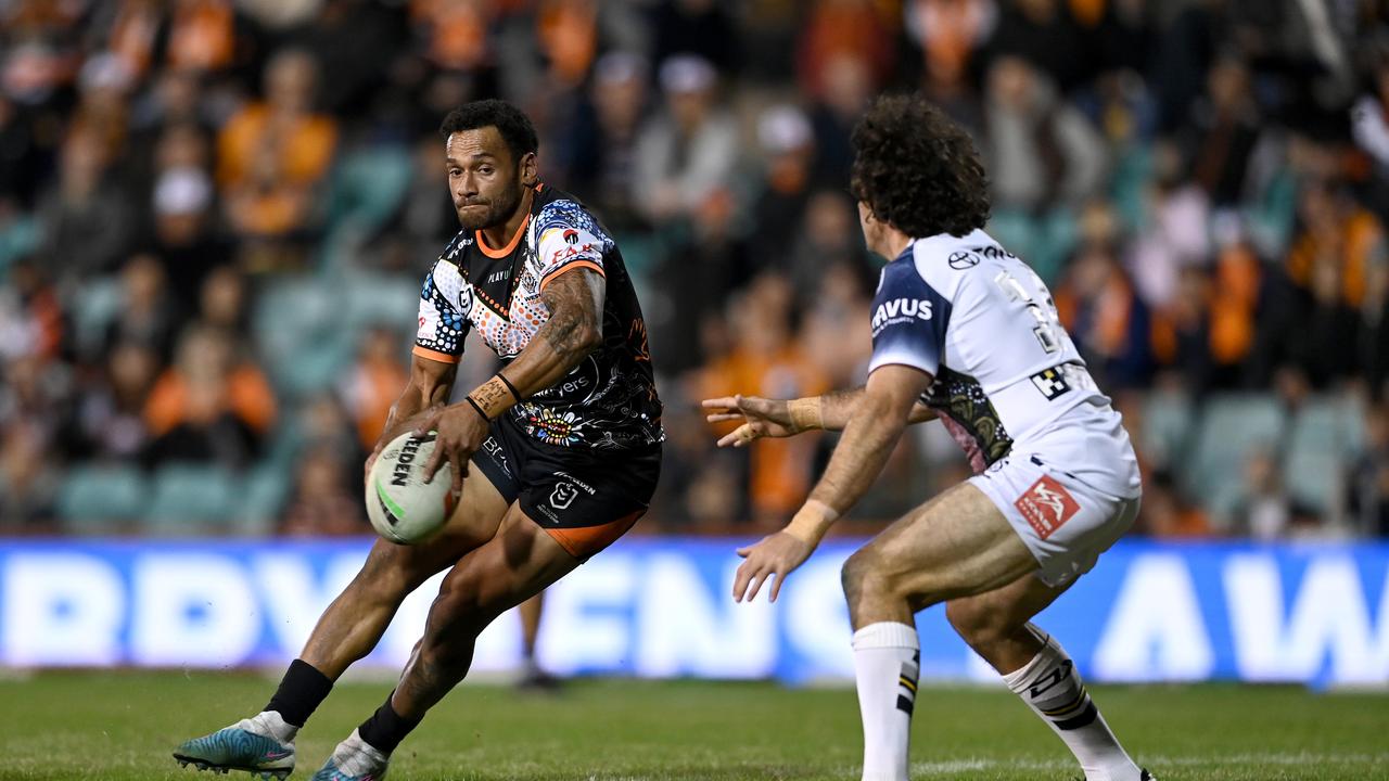 Api Koroisau pressed his Origin claims, playing a hand in several Wests Tigers tries. Picture: NRL Imagery.