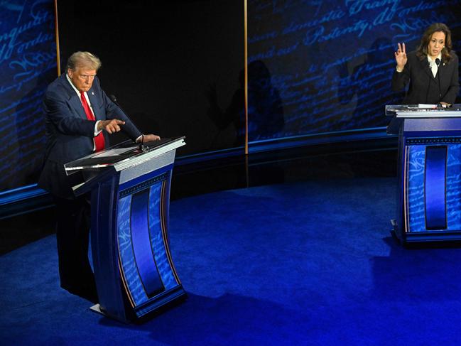 TOPSHOT - Former US President and Republican presidential candidate Donald Trump speaks during a presidential debate with US Vice President and Democratic presidential candidate Kamala Harris at the National Constitution Center in Philadelphia, Pennsylvania, on September 10, 2024. (Photo by SAUL LOEB / AFP)