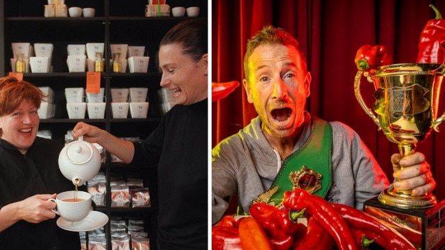 Tea brand T2’s first store in Fitzroy was established by the co-founders Jan O’Connor and Maryanne Shearer (left), while Brunswick East’s The Beast is home to the Melbourne Chilli Eating Championship which Greg Barlow competed in 2023 (right).