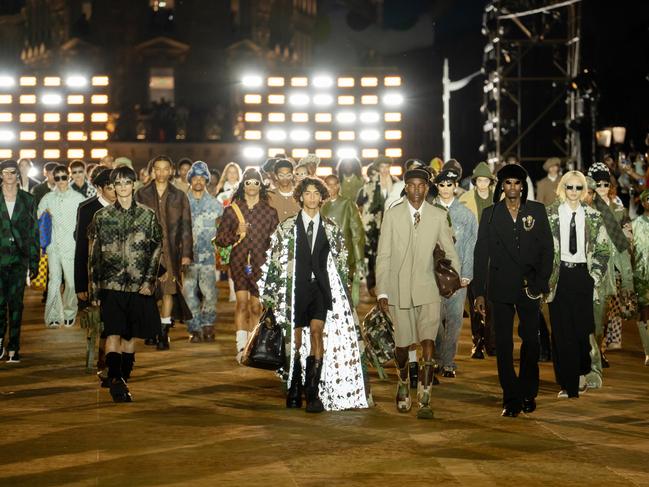 Models on the runway during the Louis Vuitton Spring-Summer 2024 Men’s collection show at the Pont Neuf bridge in Paris. Picture: Getty Images