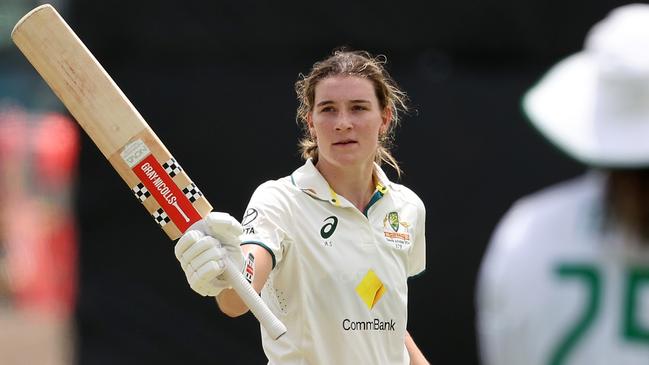 PERTH, AUSTRALIA - FEBRUARY 16: Annabel Sutherland of Australia celebrates her century during day two of the Women's Test match between Australia and South Africa at the WACA on February 16, 2024 in Perth, Australia. (Photo by Paul Kane/Getty Images)