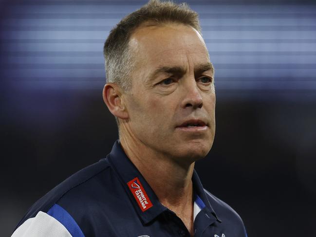 MELBOURNE , AUSTRALIA. March 29, 2024.  AFL . North Melbourne vs Carlton at Marvel Stadium.   Alastair Clarkson, senior coach of the Kangaroos at qtr time   . Pic: Michael Klein