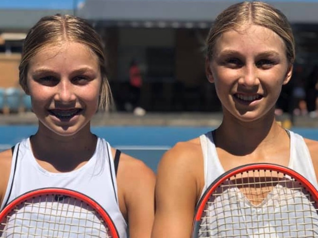 Tennis twins Madi and Chloe Schwarz will move to America for NCAA tennis in August. Picture: Seaside Tennis Club