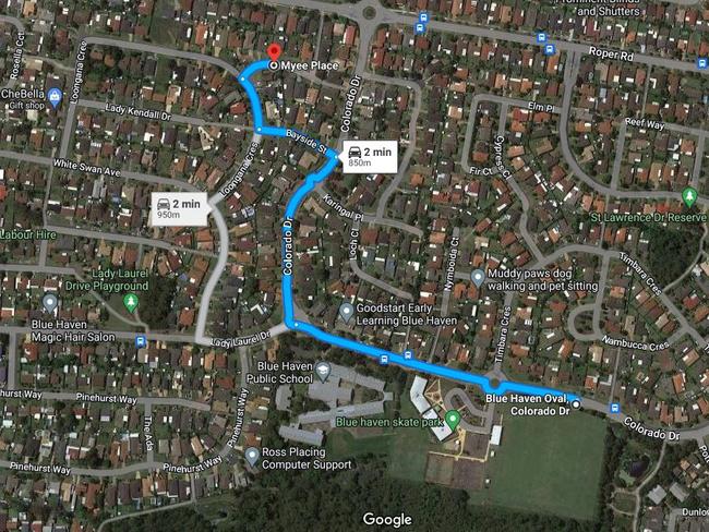 The father and son, who were shot in the car park of Blue Haven Oval in the predawn hours of New Year's Day, 2023, were able to drive to nearby Myee Place where paramedics were called. Picture: Google