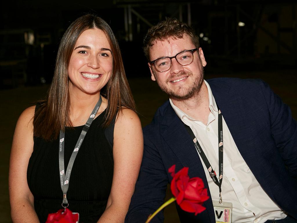 Kate Ferguson and Jace Armstrong at the launch of Virgin Australia's new business-class menu in the Virgin hangar at Brisbane Airport. Picture: Carly Ravenhall