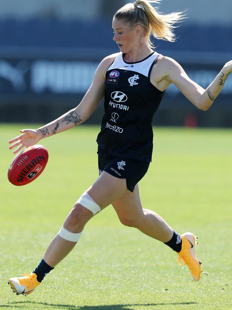 Tayla Harris trains with strapping on her leg. Picture: Michael Klein